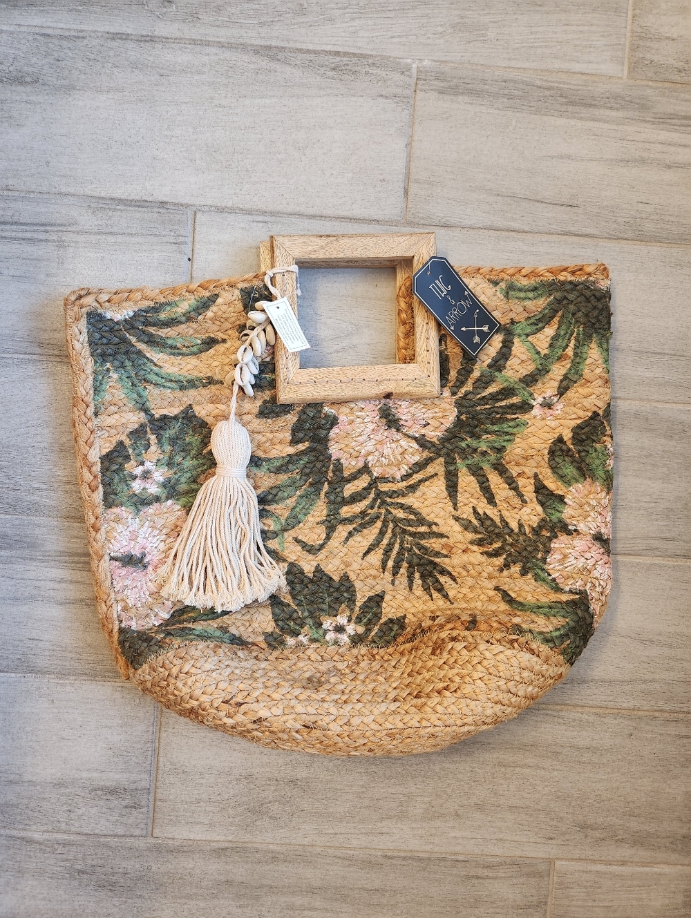 Twig & Arrow Jute Woven Tote Bag Tan Woven Tassel Floral Giant Beach Boho New$80